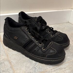 Vintage Y2K Skecher Jammers Size 8 Black Leather Utility Grunge Chunky Lace Up